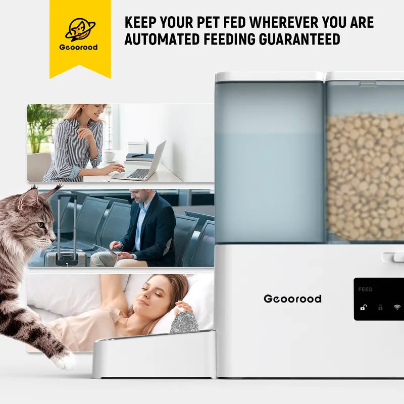 Geoorood 2-in-1 Automatic Pet Feeder & Gravity Water Dispenser Set with Stainless Steel Bowls - 8.5L/36Cups Capacity, Food/Water Split, Customizable Plan, Auto Filling, Stable Base, Easy Cleaning, Night Monitoring, Power Supply for Cats Small Dogs