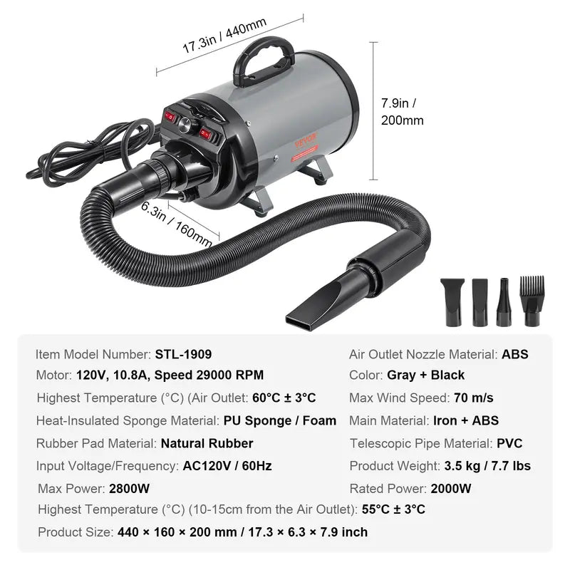 VEVOR 2000W/2.7HP Functional Dog Blow Dryer Single Unit, Pet Grooming Dryer with Adjustable Speed, Hot & Cold Temperature Control, 4 Nozzles, Extendable Connecting Hose, Grey Black