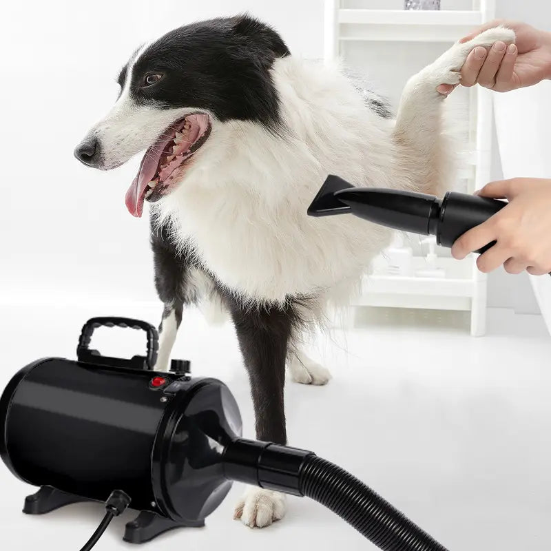 High Velocity Dog Hair Dryer Pet Grooming Tool, Noise-Reducing Force Blower with 4 Nozzles, Adjustable Temperature-Speed, Heat Protection, Plastic Body for Pet Supplies Calm Drying Sessions