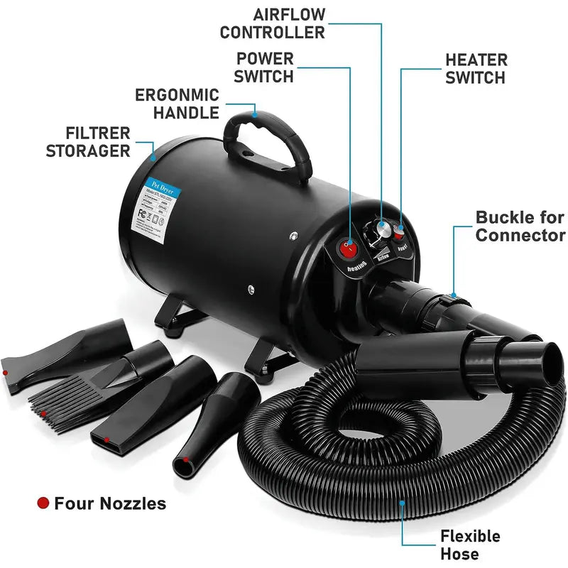 SuperDeal Quiet Pet Dog Hair Dryer - 2400W Fast Dry, AC 110V 60Hz, Adjustable Temperature, Variable Speed, Insulated Hose, Electrodeless Design, 14x6.5x8 Inches Calming Dog Grooming Tool