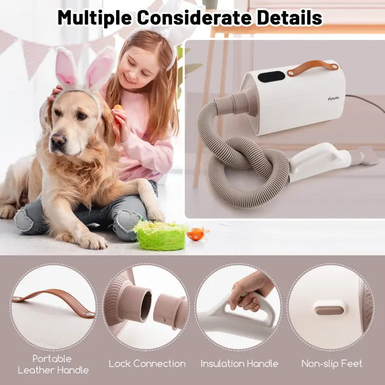 COSTWAY Dog Dryer, Dog Blow Dryer with Adjustable Speed, Airflow, and Temperature, Negative Ion Function, Overheat Protection, High Velocity Dog Hair Dryer for Pet Grooming with 4 Nozzles