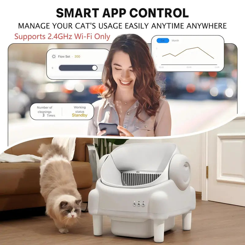 TAYACICY Open Top Automatic Litter Box - Self-Cleaning, App-Controlled (2.4G WiFi Only) for Multiple Cats with Safety Sensors, Odor Control, 2 Liner Rolls, Large Waste Bin, Cream White,back to school