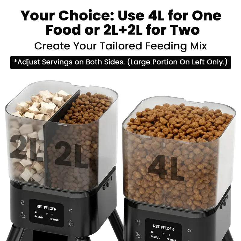 Geoorood Wi-Fi Automatic Cat Feeder, 4L Dual Chamber (2x2L) Dual Bins Handle Dry and Freeze-Dried, App Control, Meal Scheduling, Mix Kibble+Freeze, Removable Bowl Rinses Clean Fast, Battery Powered, Desiccant Bags for Fresh Food, Customizable Portions